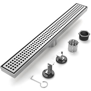 24-Inch Brushed Nickel Linear Shower Drain, 304 Stainless Steel Long Linear Drain with Quadrato Pattern Grate, Rectangle Shower Floor Drain with Adjustable Feet, Hair Strainer, Fits Bathroom, Balcony