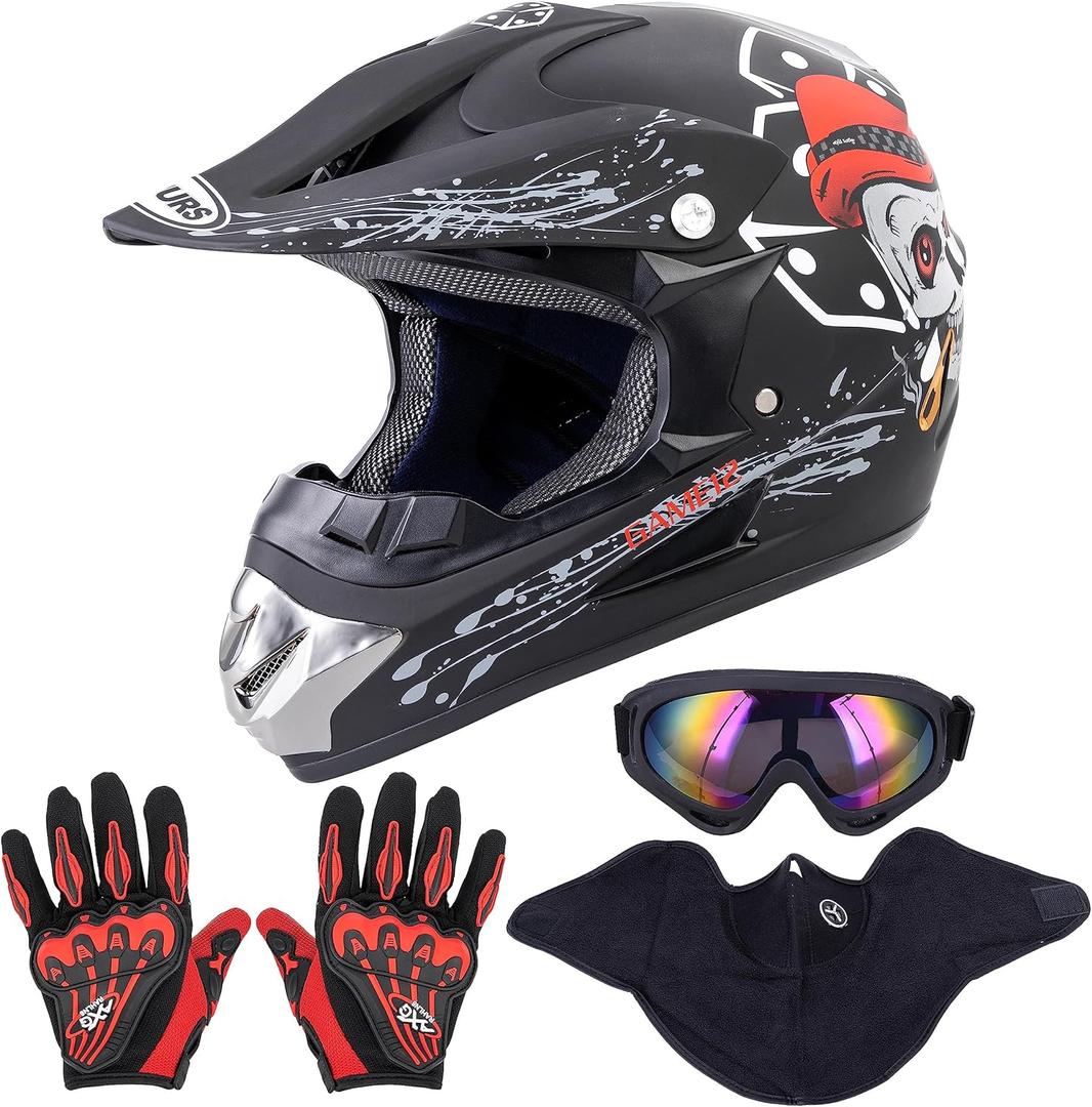 Adult Motocross Dirt Bike Helmet with Goggle, Gloves & Mask - DOT/FMVSS-218 Off-Road Motorcycle & ATV Helmet with Adjustable Sun Visor (X-Large, New Black Skull)