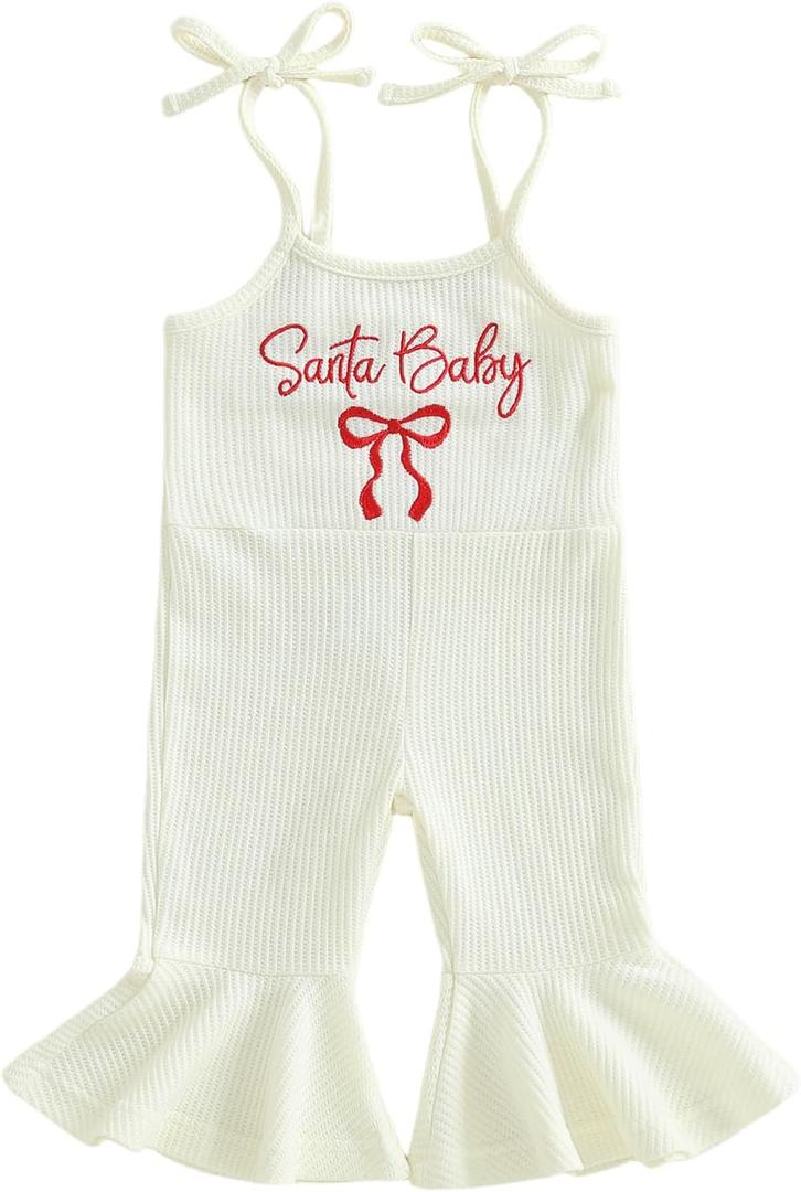 ZAXARRA Toddler Baby Girl Christmas Outfit Spaghetti Strap Bell Bottoms Romper Overalls Jumpsuit Santa Baby Bow Clothes (White)