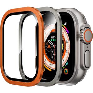WSKEN for Apple Watch Ultra 3/Ultra 2/Ultra Screen Protector 49mm,9H Tempered Glass + Titanium Alloy Frame, [Keep Original] [Touch Sensitive] Lightweight Protective Glass Film, Orange + Original
