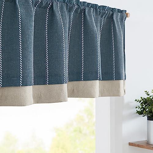 jinchan Nautical Valance Striped Linen Curtain 18 Inch Farmhouse Light Filtering Double Layer Valance for Kitchen Living Room Bathroom Windows Pinstripe Window Treatment 1 Panel Blue