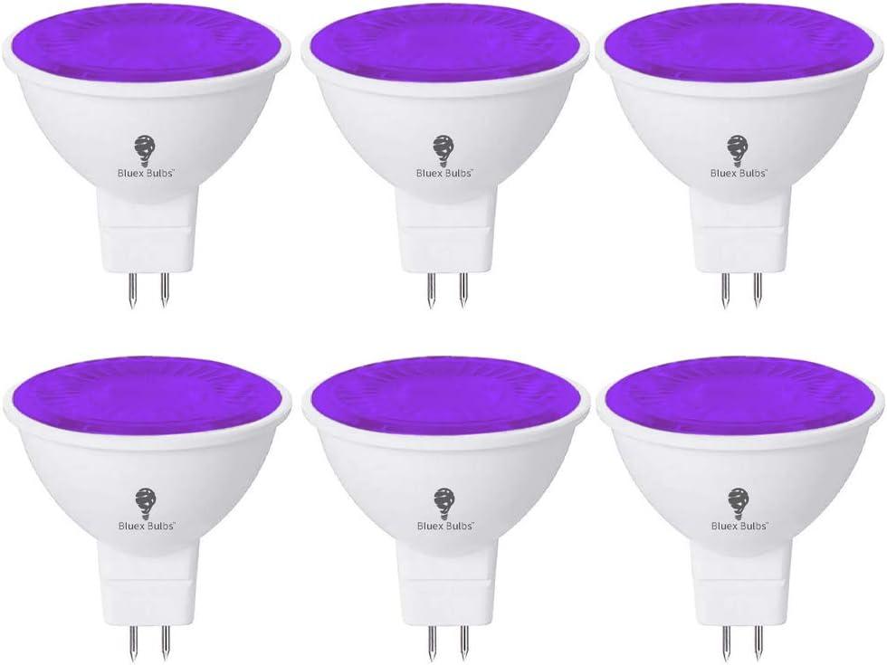 BlueX 6 Pack LED MR16 Purple Light Bulb - 6W (50Watt Equivalent) - GU5.3 Bi-Pin Base 12V, Party Decoration, Porch, Home, Holiday Lighting, Decorative Illumination