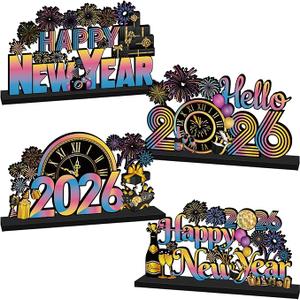 4Pcs Happy New Years Decorations 2026 Wooden Table Centerpiece Hello 2026 New Years Table Decorations Fireworks Themed New Year Table Topper for 2026 New Year's Eve Party Supplies