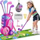 Toddler Golf Set 2-4 Years, Kids Golf Club with 8 Balls, 4 Plastic Clubs, Putting Mat, Scoreboard, Storage Bag, Indoor Outdoor Game with Golf Cart Sport Toy Gift for Baby Boys Girls Age 3-5, Pink