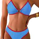 Fanuerg Women's Triangle Bikini Sets O Ring Linked Two Piece Swimsuits Floral Printed Cheeky Bathing Suit (Medium, Blue Grid)