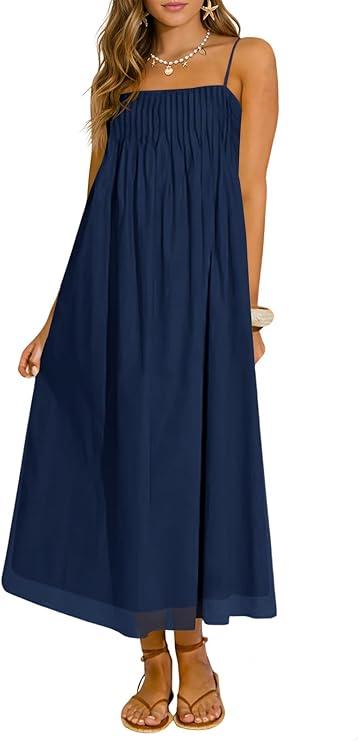 Wenrine Women's Summer Boho Maxi Dresses Spaghetti Straps Chiffon Casual Sundress Beach Vacation Long Dress with Pockets S