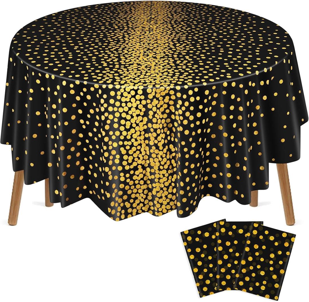 3 Pcs Round Dot Tablecloth 84 Inch Plastic Table Cover Waterproof Confetti Tablecloths for Graduation Congrats Wedding Easter Birthday Party Supplies (Black and Gold)