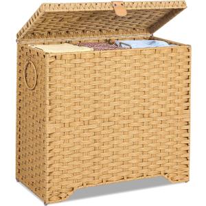 130L Wicker Laundry Hamper with Lid, 3-Section Laundry Basket