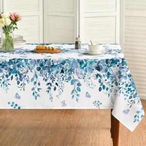 Horaldaily Spring Tablecloth 60120 Inch Rectangular, Eucalyptus Floral Blue Table Cover for Party Picnic Dinner Decor