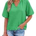 Tankaneo Womens Summer Puff Sleeve Tops V Neck Blouses Casual Tee Shirts (Green, L)