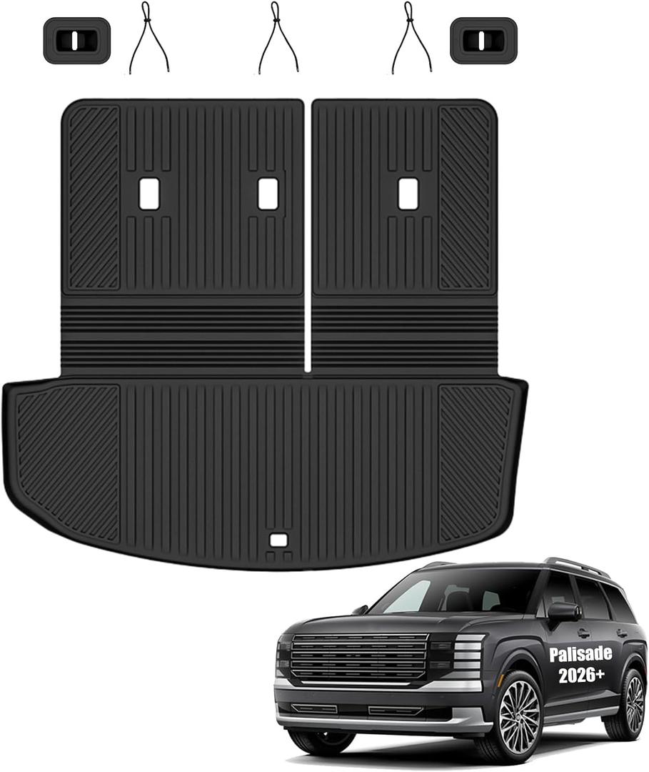 Auxko All Weather Cargo Mat & Back Seat Protector Fit for Hyundai Palisade 2026 7/8 Seaters TPE Rubber Trunk Liner Accessories Odorless Anti-Slip Cargo Tray