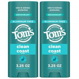Toms of Maine Clean Coast Aluminum Free Natural Deodorant For Women & Men | Goes on Clear | Odor & Wetness Protection | Naturally Derived and Moisture-Locking Ingredients | 3.25 oz (2 Pack)