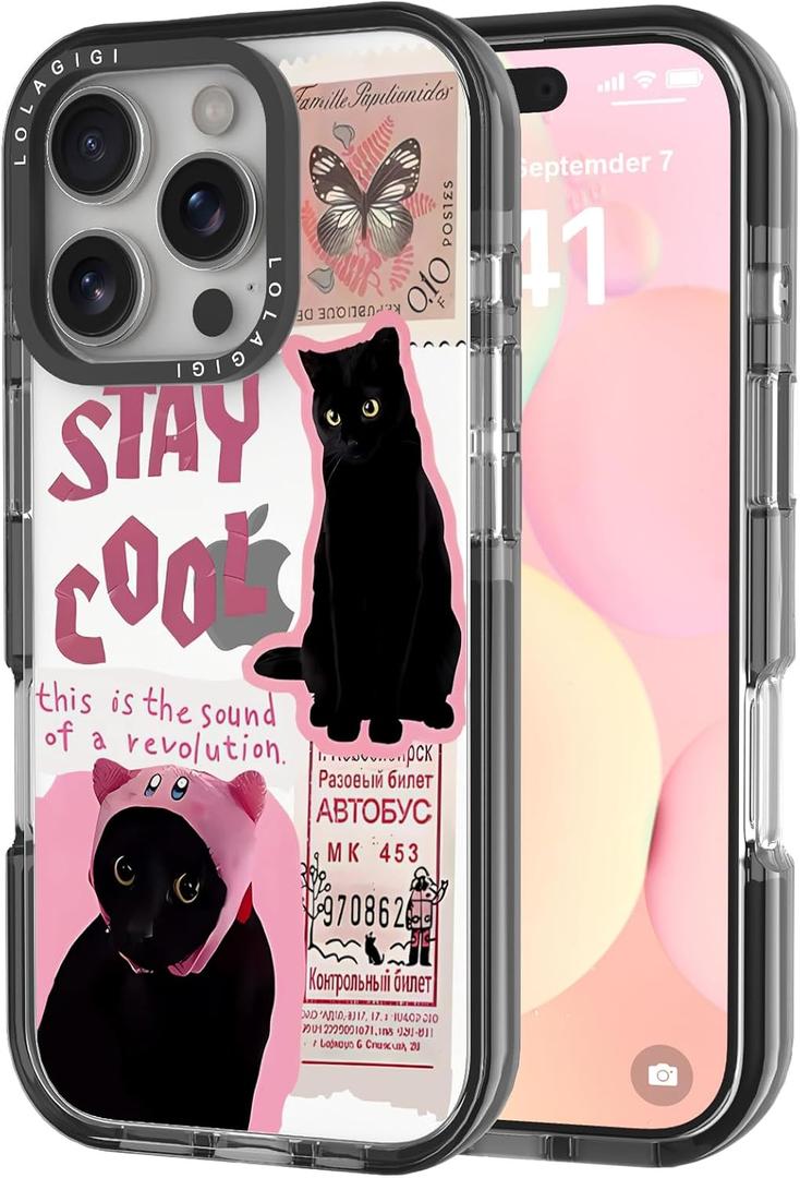 LOLAGIGI Case for iPhone 16 Pro, Pink Black Cat Art Collage Cute Kawaii Design Girly Aesthetic Cartoon Pattern for Women Girls Teens Transparent Acrylic Hard Case,6.3"