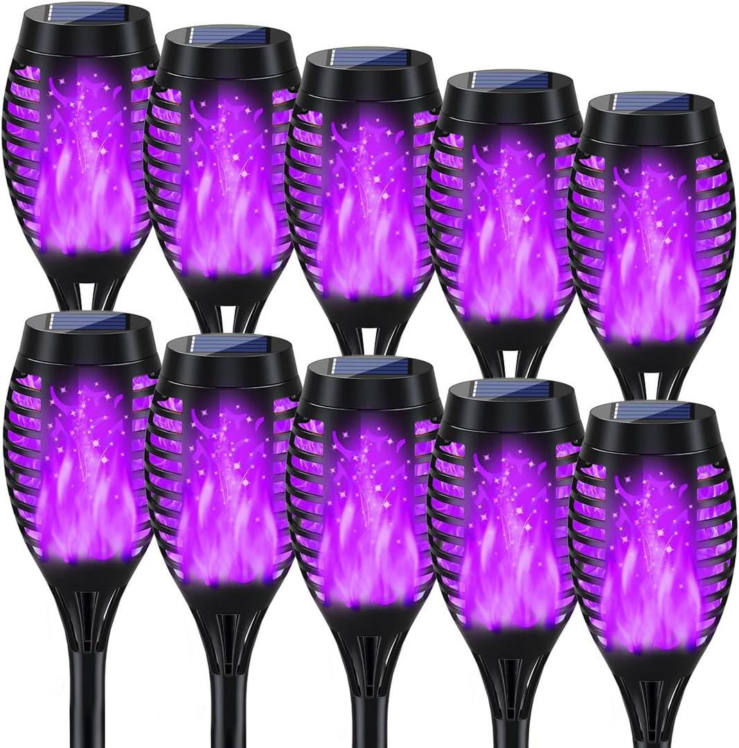 Outdoor Halloween Decorations, 10Pack Purple Flickering Flame Solar Torch Light for Yard Decorations, Waterproof Halloween Lights Outdoor, Solar Lights for Outside Decor Garden Patio Lawn Path Scary