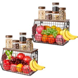 Livabber Fruit Basket for Kitchen, Metal Fruit Vegetable Storage Bin with 2 Banana Hangers, Countertop Wire Basket Organizer for Snack Potato Onion, Screw Mounted or Stand (Black, 2 Pack)