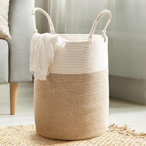 Laundry Basket  Laundry Hamper for Clothes, Blankets, Yoga Mat  Woven Cotton Rope Basket for Living Room, Nursery Room  Boho Style 15D x 18H  White & Beige Brown (Small)