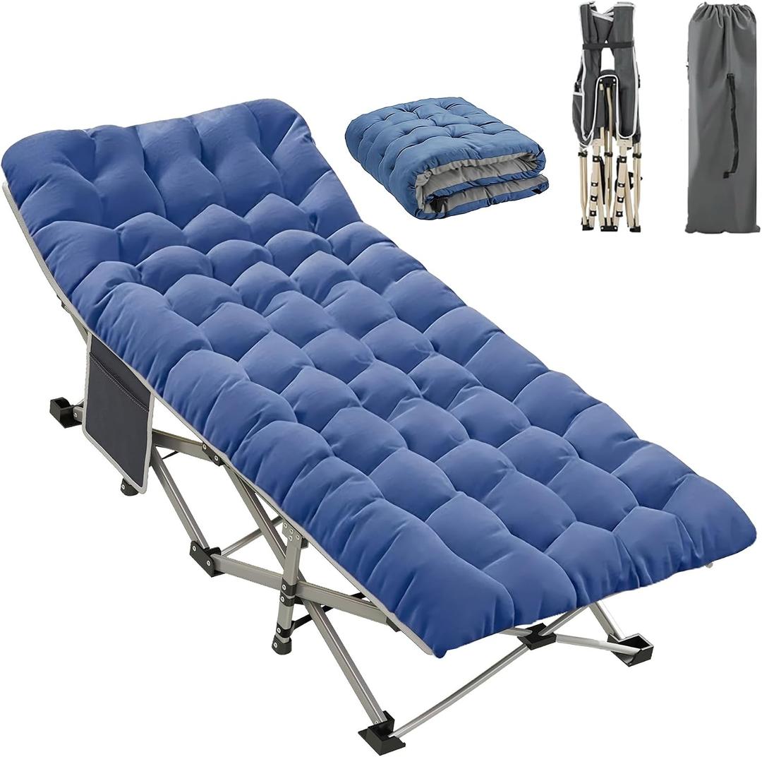 Camping Cot, Camping Cot for Adults, Heavy Duty Folding Bed with Mattress，Portable Cot Bed with Carry Bag, Outdoor & Home Office Nap, Max Load 600 LBS, Blue, 75" x 14" x 28"
