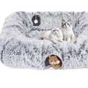 Extra Large Cat Tunnel Bed, 4 Ways Tunnels for Indoor Cats, Multi-cat Family Peekaboo Cave & Cat Bed, Plush Cat Donut with Washable Middle Mat, Exit Balls, Pet Play Toy for Kitten Puppy Rabbit