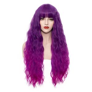 Women's Bright Purple Ombre Wig 27''Long Curly Wavy Wig Flat Bangs Wig For Women Girl Cosplay Party Halloween Wig Cap Included (27''Bright Purple Ombre-6501)