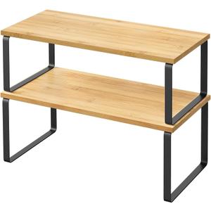 2 Pack Cabinet Organizer Shelves, Stackable and Expandable Kitchen Counter Shelf, for Kitchen Cabinet Countertop Storage, Spice Rack, Metal and Premium Bamboo (Black, 15.6" W)