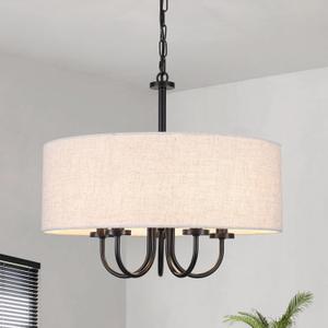 5 Lights Drum Chandelier for Dining Room 19" Modern Farmhouse Black Chandeliers with Shades Round Pendant Light Fixtures Linen Hanging Chandeliers for Bedroom Living Room Kitchen Over Table Foyer