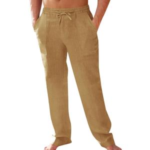 PASLTER Men's Cotton Linen Pants Elastic Waist Drawstring Casual Trouser Lightweight Straight-Legs Loose Beach Yoga Pants (Brown, L)
