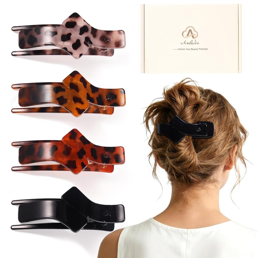 Medium Flat Hair Clips for Women, French Flat Claw Clips for Thin Thick Hair, Duckbill Hairclips for Driving, Doing Yoga, Strong Hold and Non Slip-Tortoise Design-4 Pcs
