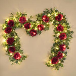 Dolicer 2Pcs 13Ft Artificial Eucalyptus Garlands with Flowers - 8 Roses, Faux Floral Greenery Garlands with 13Ft String Lights Fake Flowers Vines for Wedding Table Centerpieces Arch Party Decor (Red)