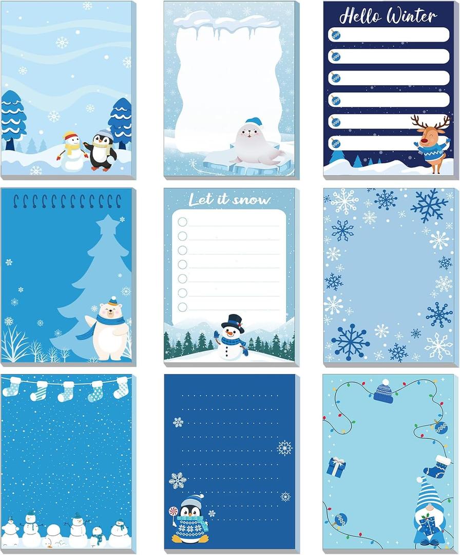 9 Pads Winter Sticky Notes 3x4 Inch Cute Self Stick Notepads Notes Adhesive Memo Pad Office Decor Birthday Gifts for Students School Teacher Meeting Office 