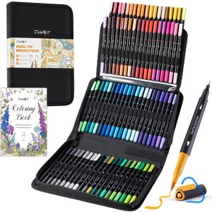 JusArt Markers for Adult Coloring Books No Bleeding, 80 Colors Coloring Markers with Dual Tips, Fine & Brush Pens with Ergonomic Triangle Grip & 33% More Ink, Water-Based Art Drawing Set for Adults