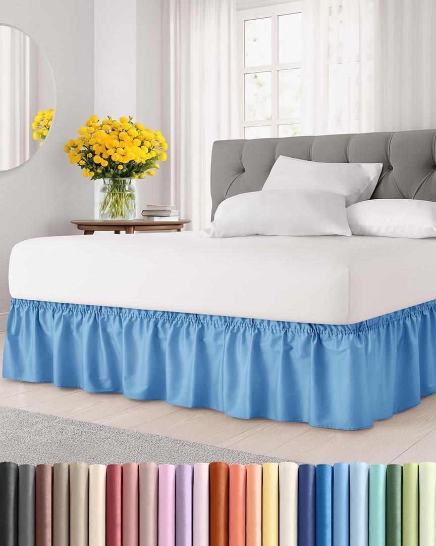 Wrap Around Dust Ruffle Bed Skirt - Denim Blue - for Queen Size Beds with 15 Inch Drop - Elastic Strap - Adjustable Pleated Bedskirt with Brushed Fabric and Wrinkle Free - For Women, Men, Kids & Teens