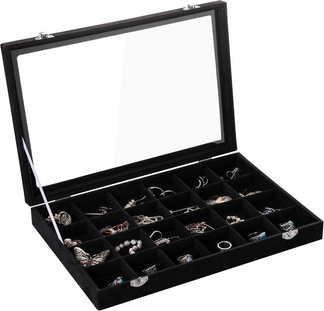 Frebeauty Velvet Jewelry Tray,24 Grid Jewelry Organizer with Clear Lid,Earring Holder Organizer with Clasp,Drawer Insert Rings Pendants Brooches,13.8 x 9.5 x 2 Inches,Gift for Women Girls(Black)