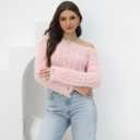 2025 Fall Cropped Sweater for Women Off The Shoulder Pullover Fluffy Knit Fashion Crop Top Holes Design (Pink, L)