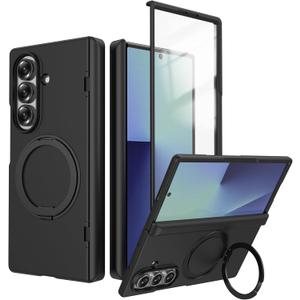 for Samsung Galaxy Z Fold 7 Case with Hinge Protection,360 Degree Rotating Ring Holder Built-in Screen Protector Shockproof All-Inclusive Protective Phone Cover 2025 (Black)