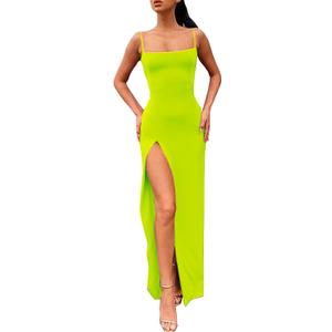 PRIMODA Women's Spaghetti Strap Bodycon Maxi Dress Long Formal Thigh-high Slit Club Wedding Guest Dress (Large, Neongreen)