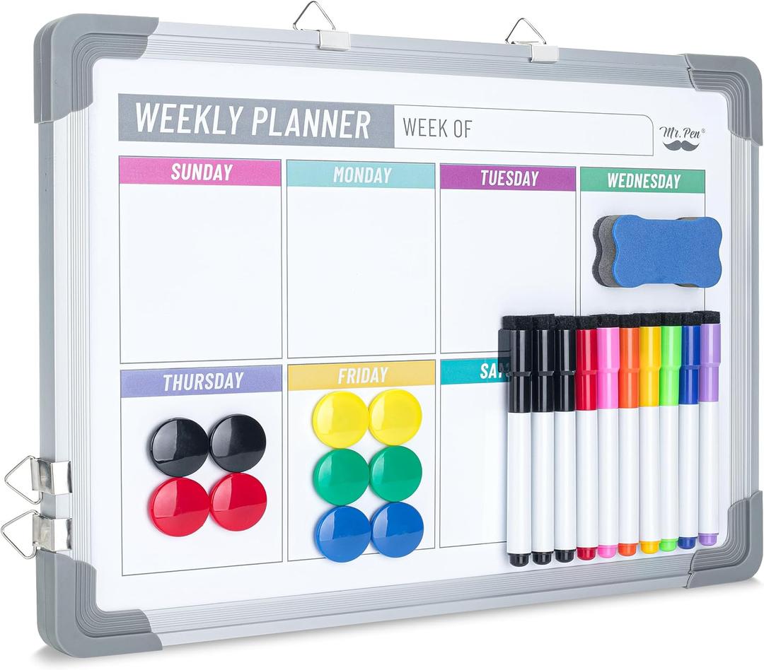 Mr. Pen- Magnetic Weekly Erase Board, 12" x 16", Double-Sided with Markers