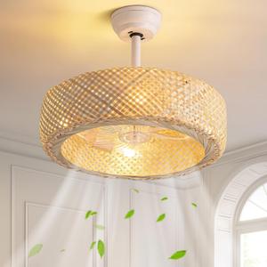 20" Rattan Boho Caged Ceiling Fan with Lights Remote Control, Rattan Enclosed Fandelier Ceiling Fans with Lights Low Profile Chandelier Ceiling Fan for Bedroom,Nursery, Living Room, Dining Room (Retro white)