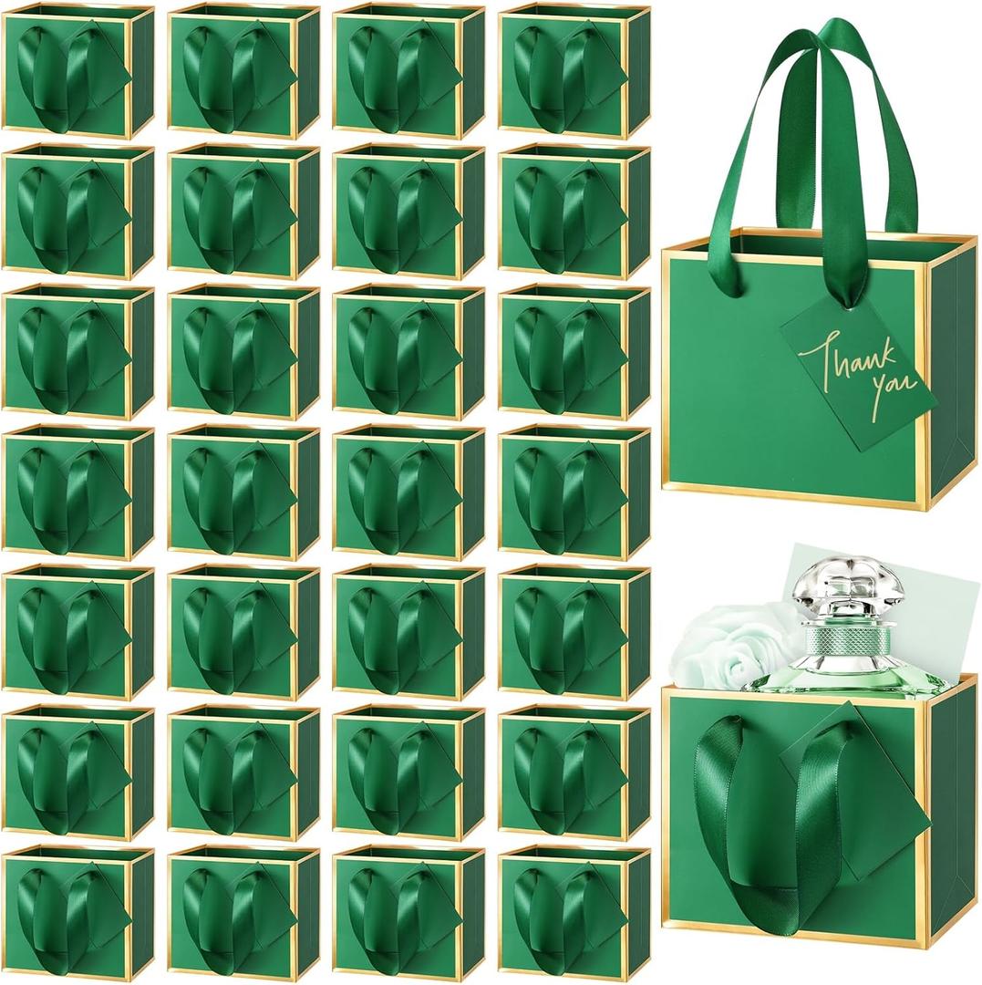 Yeaqee 50 Pcs Mini Metallic Foil Gift Bags with Handles 4x4.75x2.25'' Valentine Tiny Thank You Favor Bag with Tag for Winter Galentine New Year Welcome Wedding Baby Shower Birthday(Dark Green,Gold)