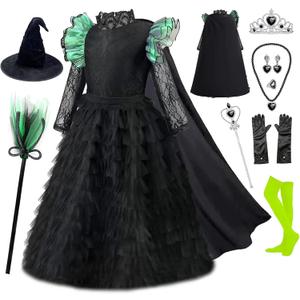 11Pcs Witch Black Costume Dress for Girls Halloween Set with Hat Cape Boom (7-8 Years)