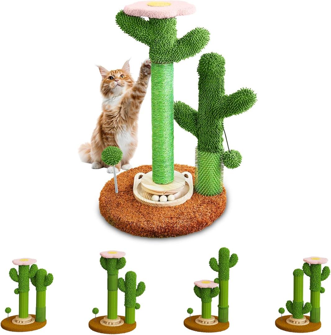 2026 New DIY 9+ Installation Styles 42" Cactus Cat Scratching Post with Self-Grooming Brush and Ball Toy | Modular Sisal Cat Scratching Post for Indoor Cats and Kittens, Customizable Cat Furniture
