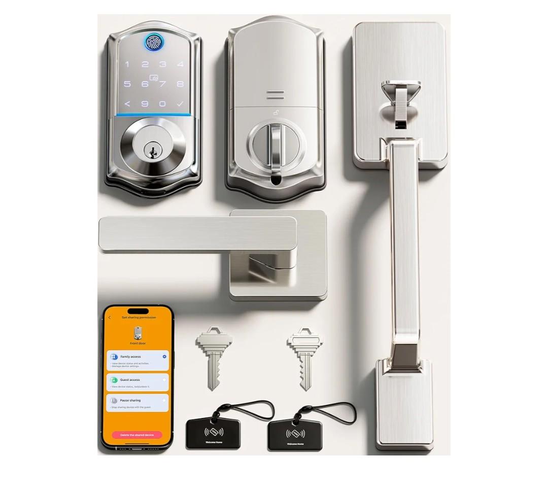 Veise VE017-D Smart Fingerprint Front Door Lock Set, App Control, 8-in-1 Keyless Entry Deadbolt with Lever Handle, Touchscreen Keypad, IP55 Weatherproof, Auto Lock, Easy Install, Satin Nickel