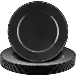 Gerrii 12 Pcs Metallic Bead Charger Plates 13 Inch Plastic Round Plates Bulk Wedding Beaded Chargers for Table Party Event Decoration (Black)