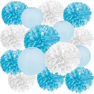 15Pcs Blue Pom Pom Decorations - Blue and White Pom Poms Flowers Decoration Blue Tissue Paper Lanterns Party Decorations - Light Blue Tissue Paper Flowers Decorations Birthday Decorations for Women