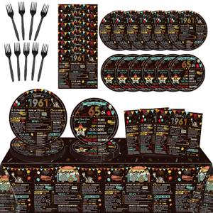 65th Birthday Party Plates Napkins and Tablecloth Decor, 98PCS Back in 1961 65th Birthday Decorations Men Women, Disposable Tableware and Plastic Table Cover Party Supplies