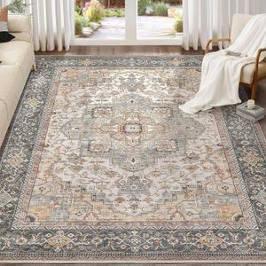 Washable Area Rugs for Living Room - 7x9 Neutral Vintage Distressed Floral Farmhouse Boho Large Soft Floor Rug Indoor Non Slip Carpet for Living Room Bedroom Dining Room Office - Forest Green Orange