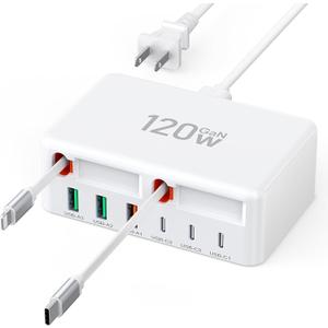 Upgraded 8-in-1 Retractable USB C Charger Block, 120W GaN Multi Charging Station Hub with Lightening & Type C Cable, Travel Essential USB C Power Strip Plug for iPhone 17 16 15 14 Pro Max iPad Galaxy (White)