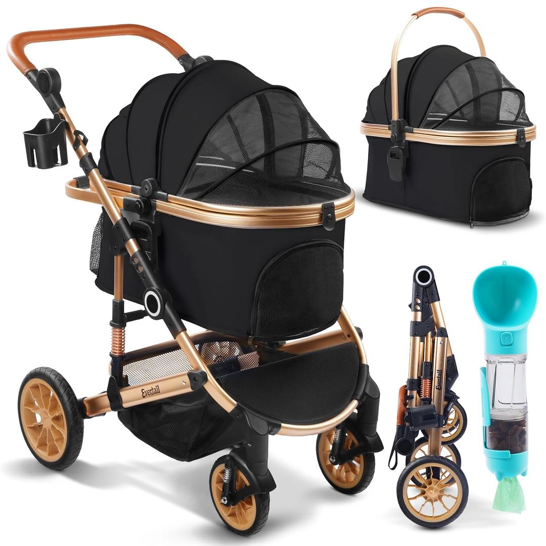 Evertail Pet Stroller 3-in-1 Foldable Dog Stroller for Small Dog or Cat up to 55 lbs, Detachable Carrier & Car Seat, Rubber Wheels, Anti-Shock Stabilizers, Water Bottle, Poop Bags