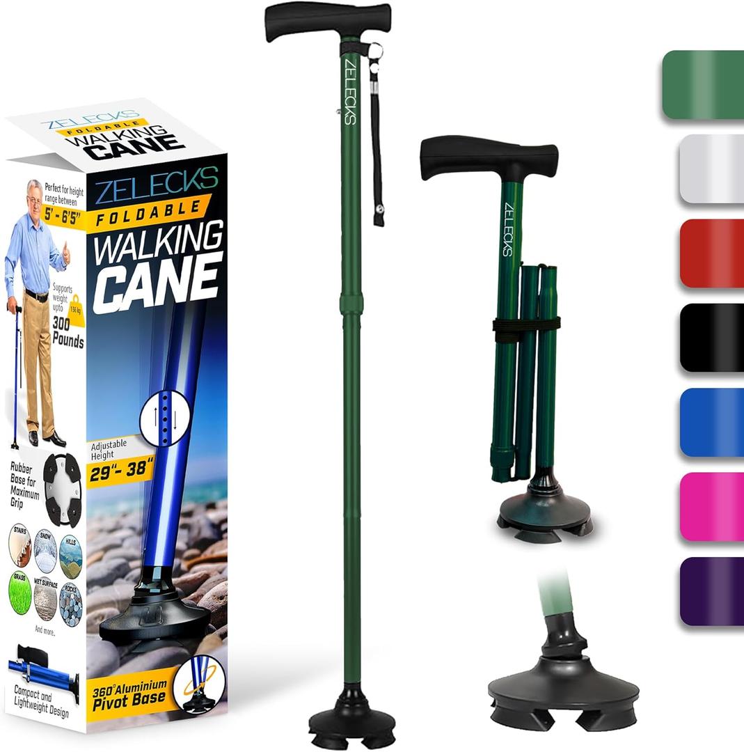 Walking Cane for Women & Men - Self Standing Adjustable Folding Cane with T Handle and 360 Pivot Base - Lightweight Foldable Walking Stick for Seniors - Collapsible Cane for Walking