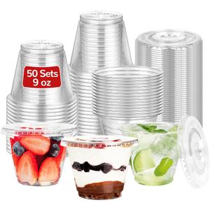 9oz Clear Plastic Cups with Flat Lids No Hole Disposable Togo Cups with Lids for Fruit Snack Yogurt Jelly Pudding Cold Drink in Party Picnic (50 Sets)