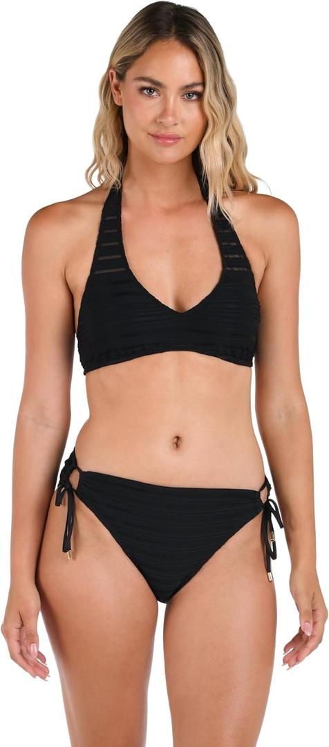 La Blanca Women's Halter Bikini Swimsuit Top (8, Black//Fluid Lines)